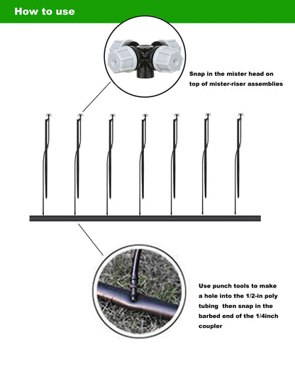 Drip Irrigation Misting Sprinkler Emitter on Spike Assembly, 9 Sets Micro Spray Mister with Stake and 1/4 inch Tubing for Cooling Humidification Nursery Landscape