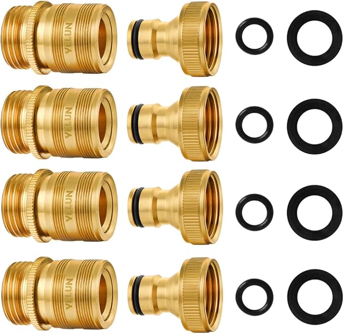 Garden Hose Quick Connect Solid Brass 3/4 inch GHT External Thread Easy Connect Fittings No-Leak Water Hose Male Quick Connector and Female product adapters (4 SETS)