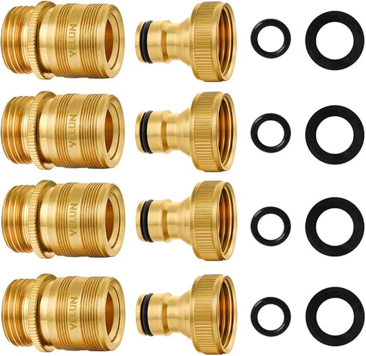 Garden Hose Quick Connect Solid Brass 3/4 inch GHT External Thread Easy Connect Fittings No-Leak Water Hose Male Quick Connector and Female product adapters (4 SETS)