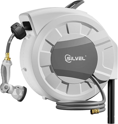 SILVEL Automatic Retractable Garden Hose Reel on Metal Spike, 1/2 in x 90FT Ground Mounted Outside, UV Resistant with 10 Pattern Nozzle, 360° swivel, No Holes in your house, Easy Installation