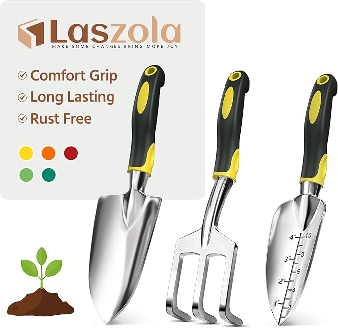 LASZOLA 3 Piece Garden Tool Set Include Hand Trowel Rake and Transplant Shovel for Women, Indoor Heavy Duty Small Spade Kit with Ergonomic Handle to Weed and Loosen, for Mom and Plant Beginner, Yellow