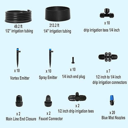 Drip Irrigation System for Garden, 262 ft Garden Watering System Drip Irrigation Kit, with 1/4" & 1/2" Tubing and 20pcs Sprinklers for Lawn Yard Flower Green Houses Plants