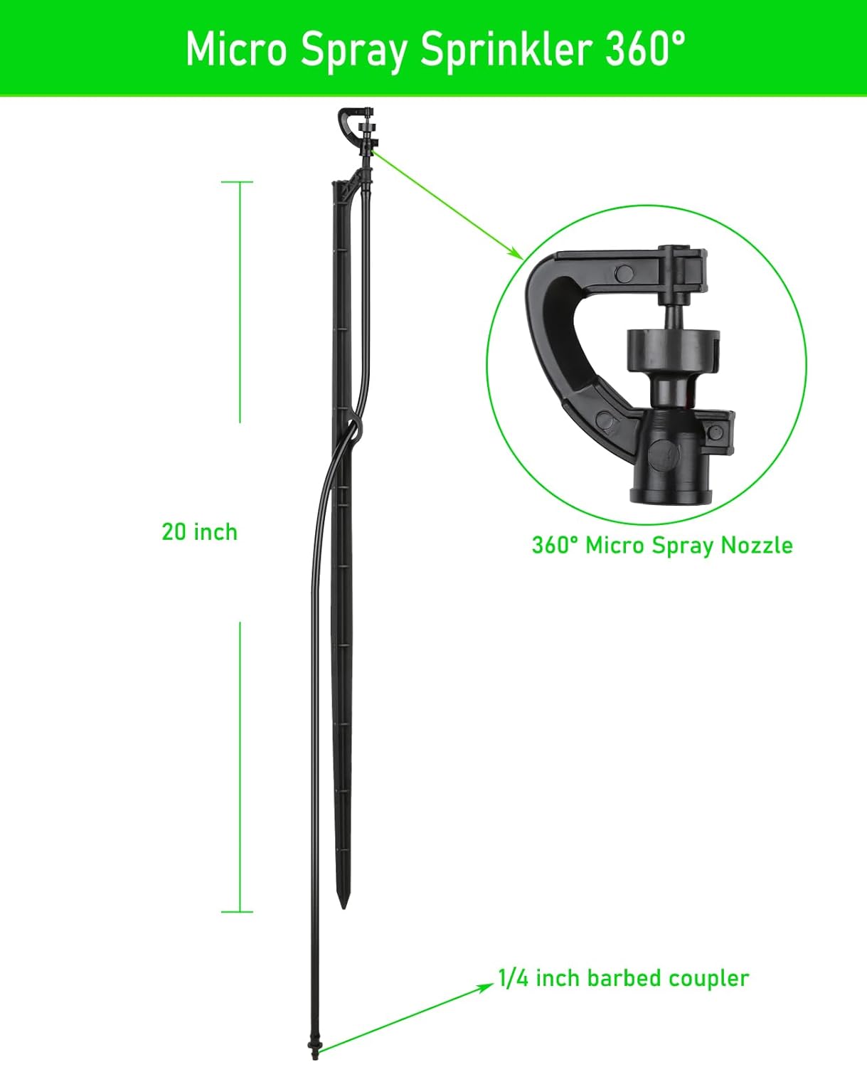 Drip Irrigation Micro Spray Emiters: 180° 360° and Rectangular Sprinkler Nozzles 3 pcs Each, with 1/4-Inch Tubing and Barbed Inlet on 20-Inch High Stake 9 pcs