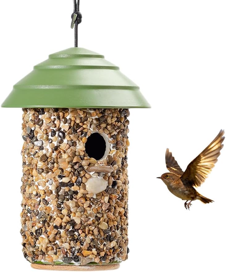 Pebble Stone Bird House for Outside Clearance, HDPE Roof Bird House for Outdoor, Heavy Duty Stone, Hanging Birdhouse for Outside, Wren House 10 Year Lasting (Green)