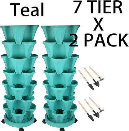 Vertical Planter 7 Tier Stackable Planters Garden Planters Strawberry Herb Flower and Vegetable Planter Indoor Outdoor Gardening Pots with Removable Wheels and Tools