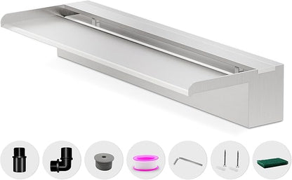 Waterfall Pool Fountain, LONGRUNNEW Stainless Steel Waterfall Spillway with Pipe Connector Kits for Outdoor/Indoor Decorative, 23.6 Inches Pool Water Feature for Garden Patio, Backyard Koi Pond Decor