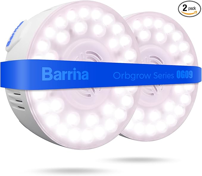 Barrina Orbgrow OG09 Puck LED Grow Light, Pinkish White 18W(2 x 9W, 270 Watt Equiv), Plant Lights for Indoor Plants Full Spectrum, Magnetic & Linkable, Small Grow lamp for Plant Shelf, 2 Packs