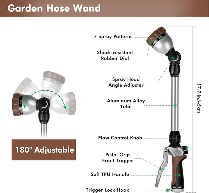 RESTMO Metal Watering Wand, Heavy Duty Garden Hose Wand with 180° Swivel Ratcheting Head, 16'' Hose Nozzle Sprayer with 7 Spray Patterns and Flow Control, for Water Hanging Baskets and Shrubs, Brown
