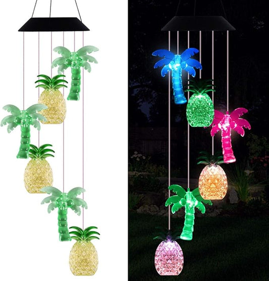 LED Solar Coconut Tree Pineapple Wind Chimes Outdoor - Waterproof Solar Powered Changing Color Palm Tree Pineapple Wind Chime Light for Home, Party, Festival Decor, Night Garden Decoration