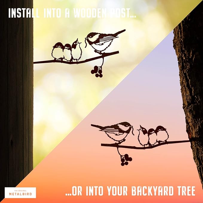METALBIRD - Chickadee & Chicks - Outdoor Tree Ornaments in Corten Steel - Metal Art Proudly Made in The USA