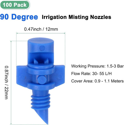 100-Pack Misting Nozzles, 90 Degree Irrigation Emitter Sprinklers for Garden/Plant/Lawn Water Irrigation System Barbed Refraction Atomizing Dripper [Blue]
