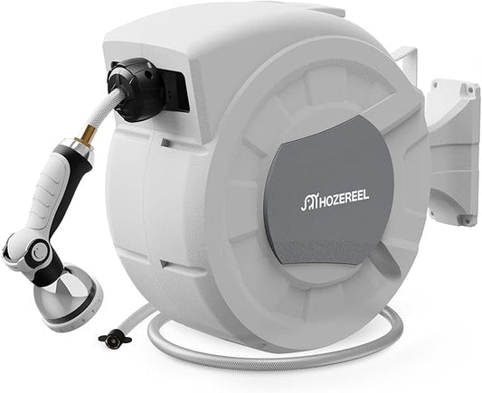 100 FT x 1/2" Retractable Garden Hose Reel by HOZEREEL, Decorative Outdoor Garden Hose Reels - Automatic Self Retract Wall Mount Hose Reel Enclosed Storage, Any Length Lock, 10 Pattern Nozzle-Grey