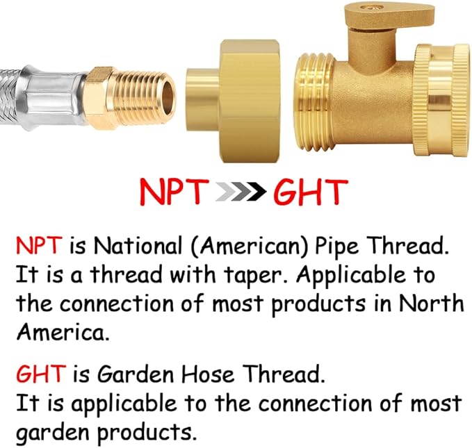 2PCS Brass Garden Hose Adapter 3/4"GHT Female to 1/4"NPT Female Thread Reducer Water Hose Nipple Reducing Convert Pipe Fittings Connector