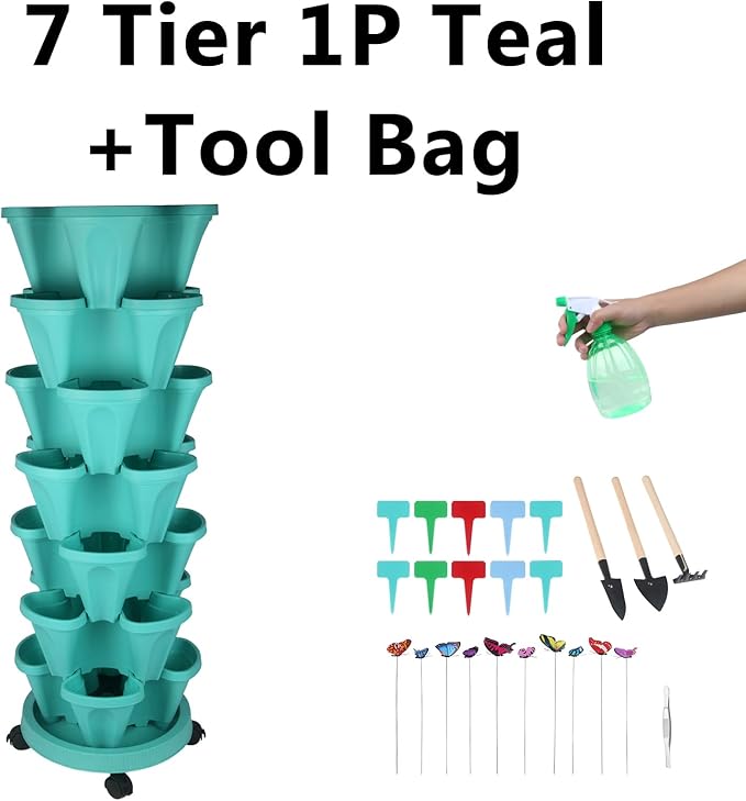 Vertical Planter, 7 Tier Stackable Strawberry Planter with Garden Tool Set, Movable Indoor/Outdoor Garden Herb Pot for Growing Vegetables and Succulents, Teal
