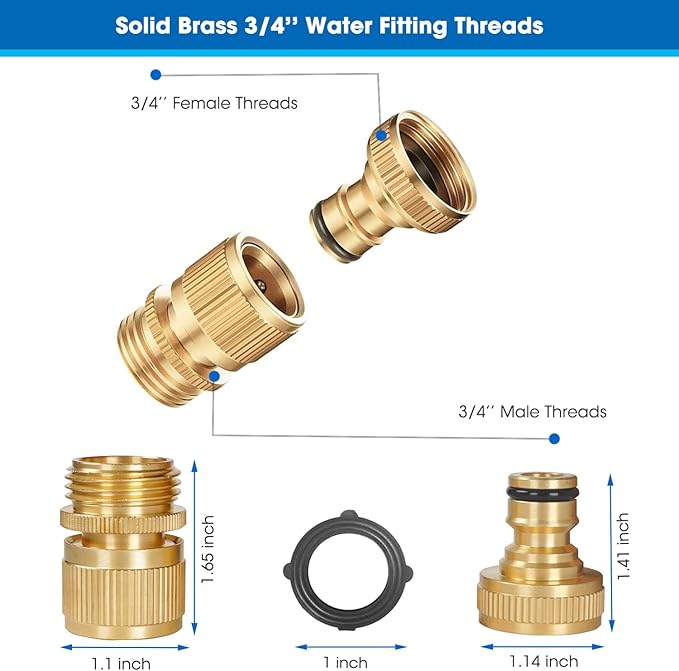 FINEST+ Garden Hose Quick Connector, Solid Brass 3/4 Inch Thread Fitting No-Leak Water Hose Female and Male Easy Connect (6 Sets)
