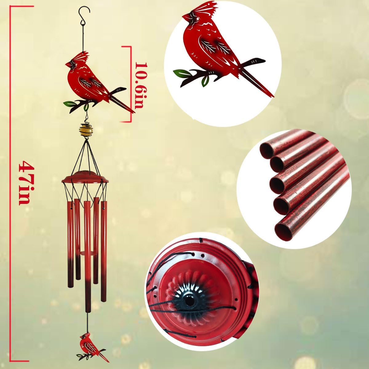 Hummingbird Wind Chimes Outdoor for Men/Women/Dad/Grandpa Birthday Gift Memorial Gift Metal Chimes Decor for, Home, Lawn, Porch, Patio, Garden Decor, Yard Decoration (Red Bird Station)