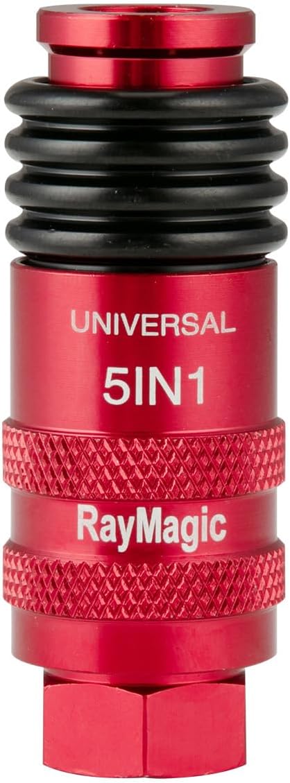 RayMagic Upgraded 5IN1 Universal Quick Industrial Connect Coupler, 1/4" Female NPT, Air Hose Fittings, 6-Balls Release Sleeve, 1/4" Body Size, Red(1-Piece)