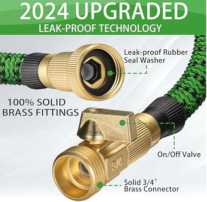 J&B XpandaHose 100ft Expandable Garden Hose with Holder - Heavy Duty Superior Strength 3750D - 4 -Layer Latex Core - Extra Strong Brass Connectors and 10 Spray Nozzle w/Storage Bag (Green 100)