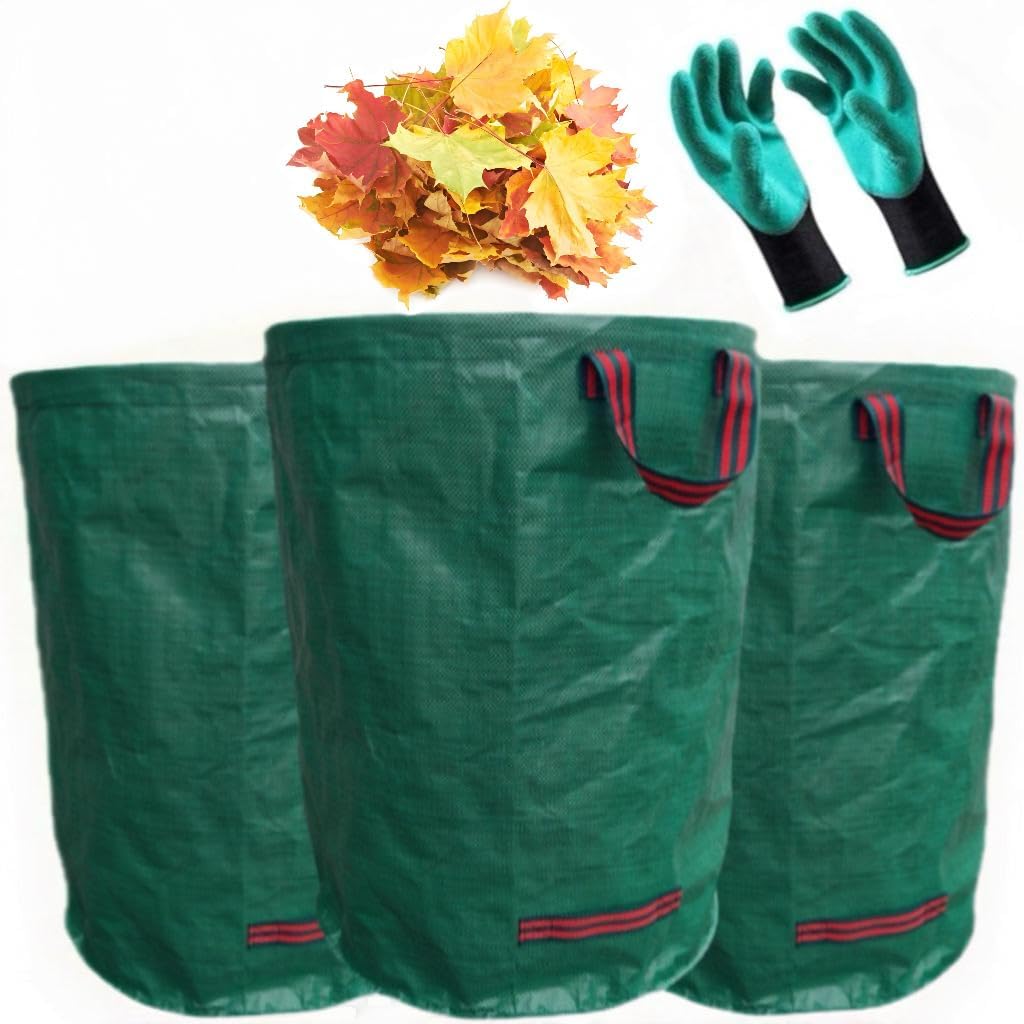 3-Pack 72Gallons Reusable Yard Waste Bags,Leaf Bags,Heavy Duty Garden Bags(26"D x 30"H) With 4 Handles,and With Gardening Gloves,For Lawn Yard Pool Plant Trash Trimming etc..