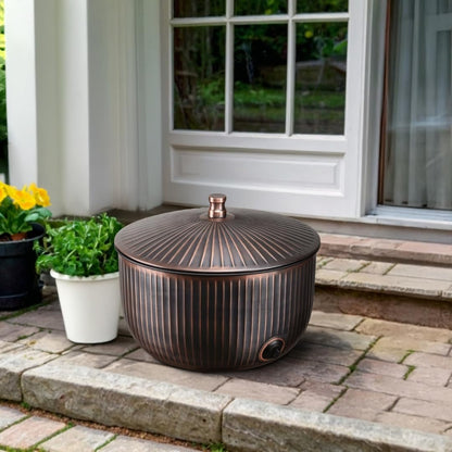 Monarch Abode Decorative Garden Hose Holder with Lid, Antique Copper Storage for Outdoor Use, 100 ft Water Hose Pot for Outside, Ridge Embossed Metal Pot with Drainage, Garden Storage Organizer