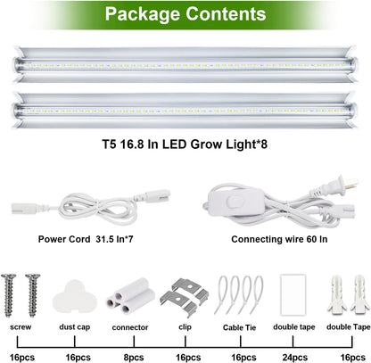 Grow Light T5 1.4Ft (8pcs x 10 Watts),5000k White Full Spectrum LED Lamp Plant Light Strips for Indoor Plant Growing,End-to-End Connectable with V-Shaped Reflector
