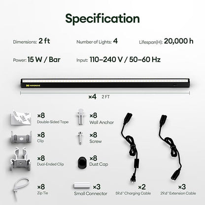 Plant Grow Lights 2FT, Sun-Like Full Spectrum 5000K, 60W(4 x 15W), T5 LED Grow Light Strips for Indoor Plants and Flowers, High PPFD, Linkable, Black, 4-Pack