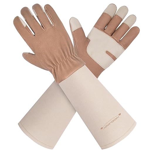 HLDD HANDLANDY Gardening Gloves - Leather Long Sleeve Rose Pruning Gauntlets, Thorn Proof Animal Handling Gloves (Medium, Light Brown)