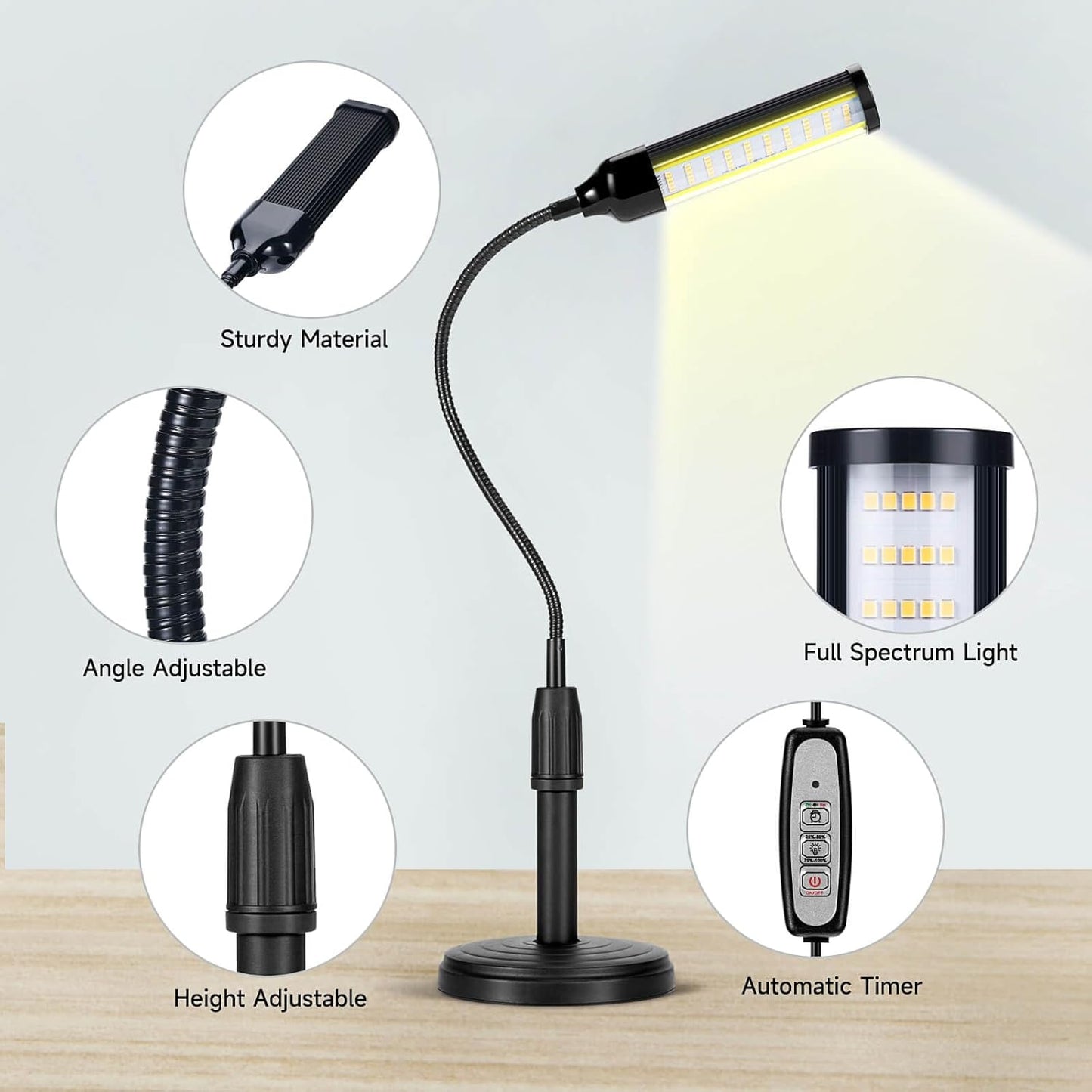 Grow Lights for Indoor Plants Desk LED Grow Light with Base Full Spectrum 50 LEDs Warm White for Indoor Plant Growing Lamp, Adjustable Gooseneck, Suitable Plants Growth (Without USB Plug)