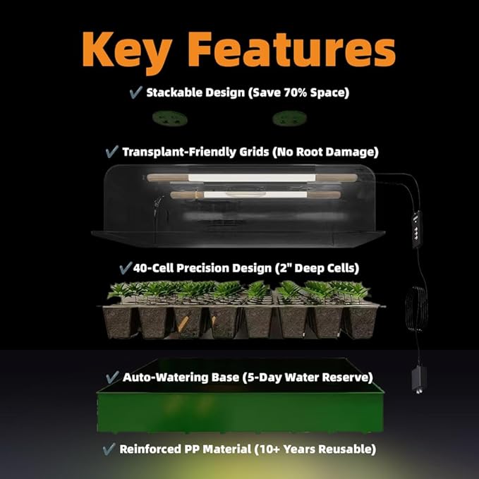 KSONE Seed Starter Tray Kit with Warming Light Strip 40 Cells: Grow Smarter, Faster & Effortlessly with Science-Backed Design for Indoor Greenhouses & Beginner Gardening