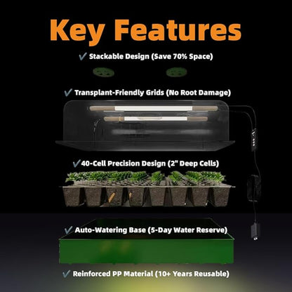KSONE Seed Starter Tray Kit with Warming Light Strip 40 Cells: Grow Smarter, Faster & Effortlessly with Science-Backed Design for Indoor Greenhouses & Beginner Gardening