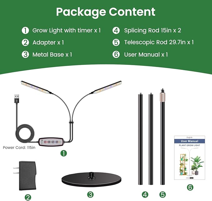 Black Floor Grow Lights for Indoor Plants, 2-Heads Full Spectrum LED Plant Grow Light with 4/8/12/16H Timer, 3 Color Modes, 24-68.7in Hight Adjustable Grow Lamp for Tall Large Indoor Plants