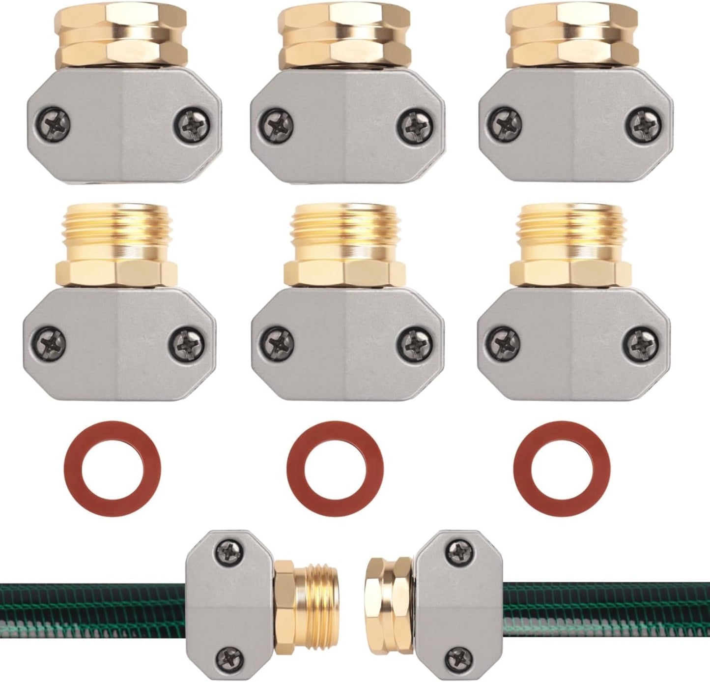 Hose repair kit,（3 Sets）garden hose repair Fittings Aluminum Female and Male With Zinc Clamp Water Hose End Repair Connector Fit 3/4 Inch And 5/8 Inch Garden Hose，garden hose repair kit