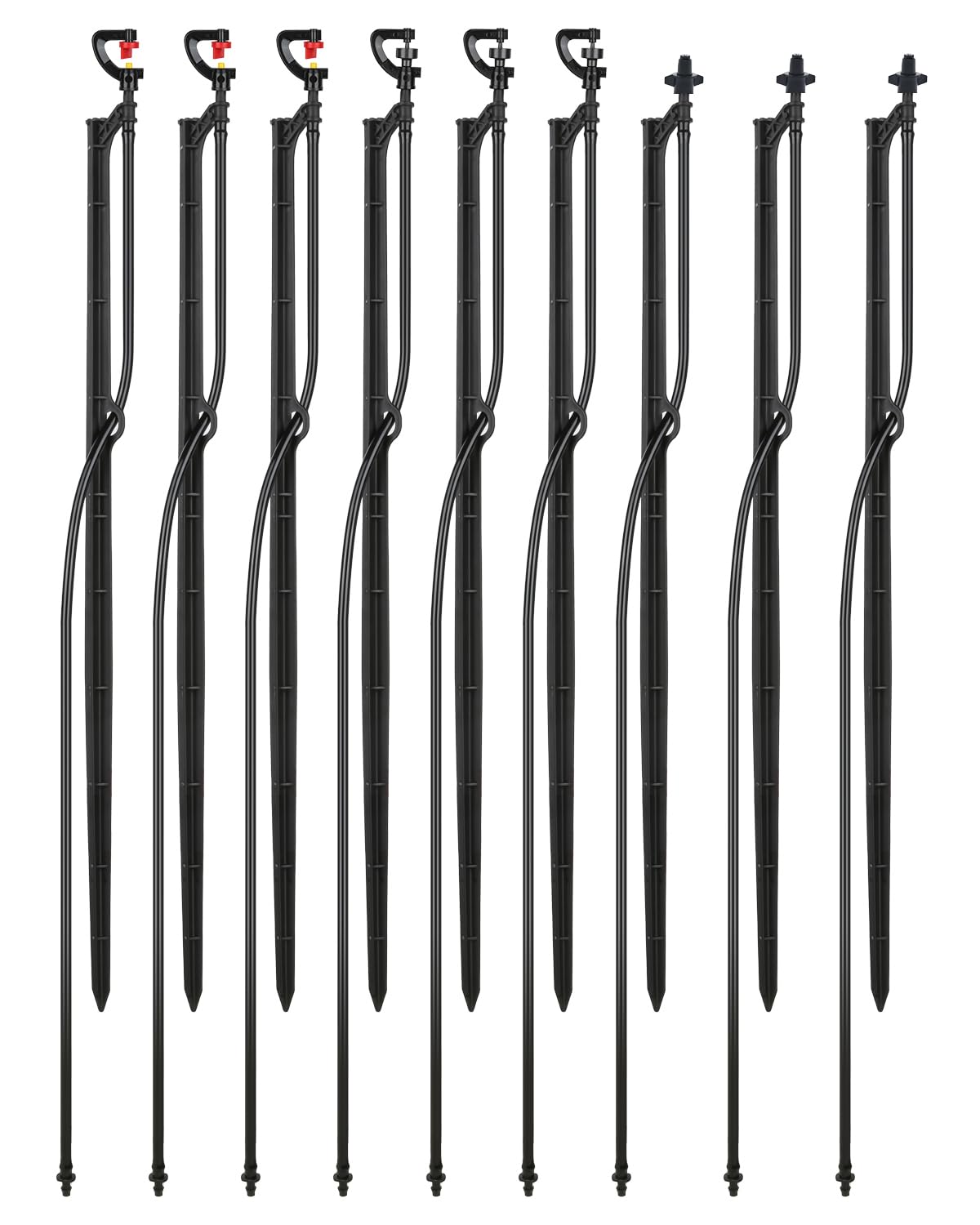 Drip Irrigation Micro Spray Emiters: 180° 360° and Rectangular Sprinkler Nozzles 3 pcs Each, with 1/4-Inch Tubing and Barbed Inlet on 20-Inch High Stake 9 pcs
