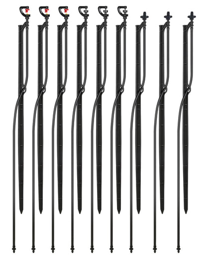 Drip Irrigation Micro Spray Emiters: 180° 360° and Rectangular Sprinkler Nozzles 3 pcs Each, with 1/4-Inch Tubing and Barbed Inlet on 20-Inch High Stake 9 pcs