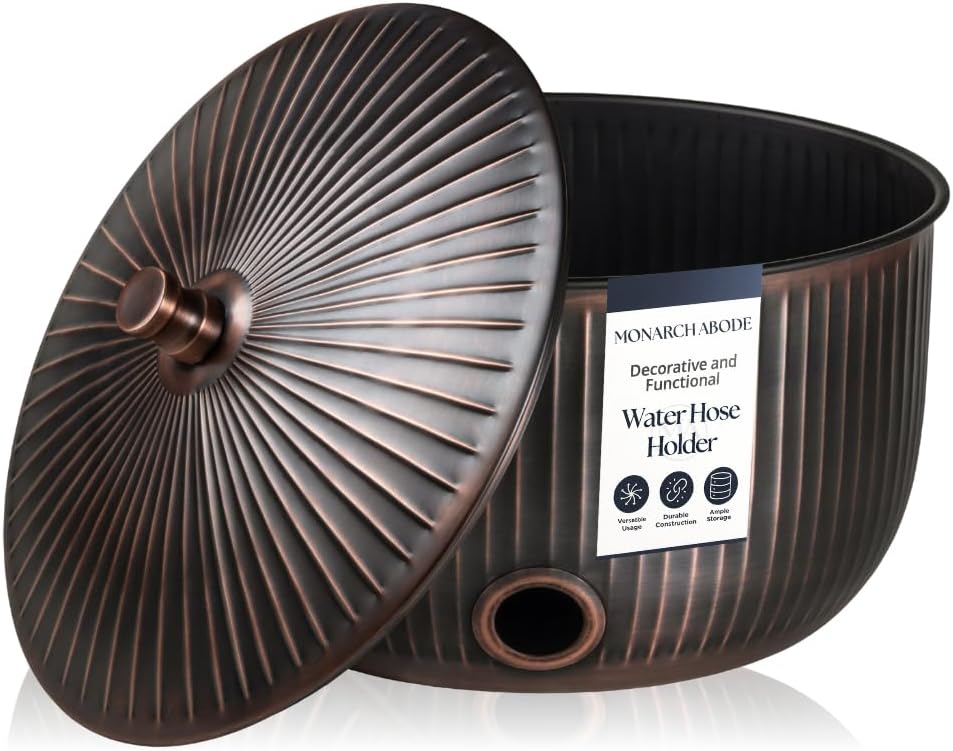 Monarch Abode Decorative Garden Hose Holder with Lid, Antique Copper Storage for Outdoor Use, 100 ft Water Hose Pot for Outside, Ridge Embossed Metal Pot with Drainage, Garden Storage Organizer