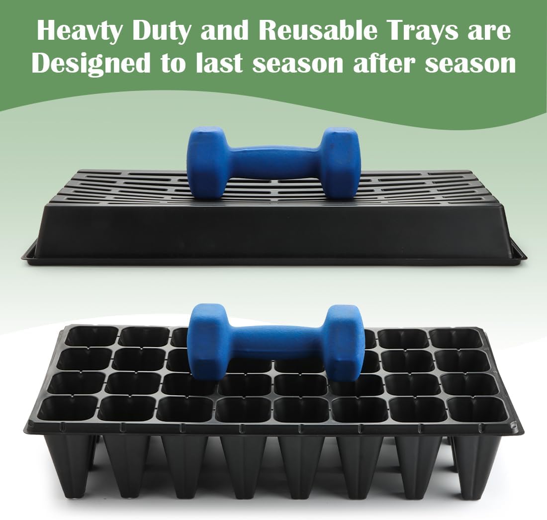 10 Pack 1020 Seedling Starter Trays with 10 Pack 32 Cell Plug Inserts Extra Deep 4.33" - Heavy Duty Plastic Nursery Trays for Seed Germination & Plant Propagation (10 Sets)