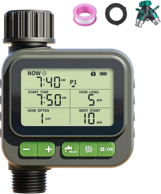 Sprinkler Timer, Programmable Water Timer for Garden Hose, Outdoor Hose Faucet Timed with 4 Plans/Rain Delay/Automatic Watering System, Digital Irrigation for Yard, Lawn, 1 Outlet with 2-Way Splitter