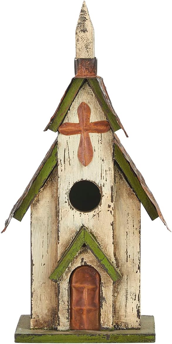 Glitzhome Wooden 14" H Hanging Distressed Church Birdhouse Decorative Garden Bird House