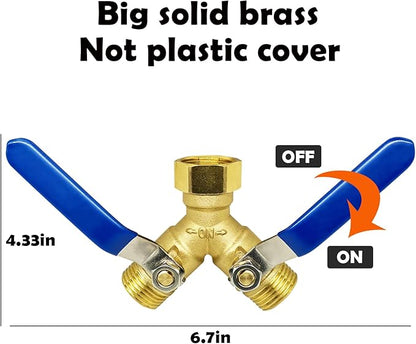 Brass Garden Hose Splitter 2 Way Heavy Duty，with 304 Stainless Steel Long Handle，Brass Y Valve Water Garden Hose Adapter 2 Way Y Valve 3/4" GHT Thread