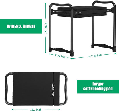 TomCare Garden Kneeler and Seat 10.64” Wider Larger Soft Kneeling Pad Garden Bench with 2 Large Tool Pouches Heavy Duty Garden Stool Foldable Tools Gardening Gifts for Women Men Gardeners,Black