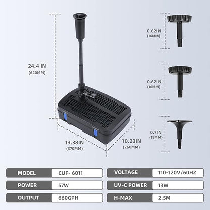 Anbull Pond Filter for Outdoor Ponds, 110V/57W 790GPH Submersible Water Fountain Pump, All-in-One Pond Filter System with 13W UV-C Lamp for Clearing Pond Garden Fish Tank Aquarium