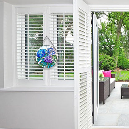Handmade Hydrangea Flower Stained Glass Suncatcher - Vibrant Window Décor for Home/Garden,Gift-Ready Sun Catcher Art with Hook (Blue, 6.3 * 6.3IN)