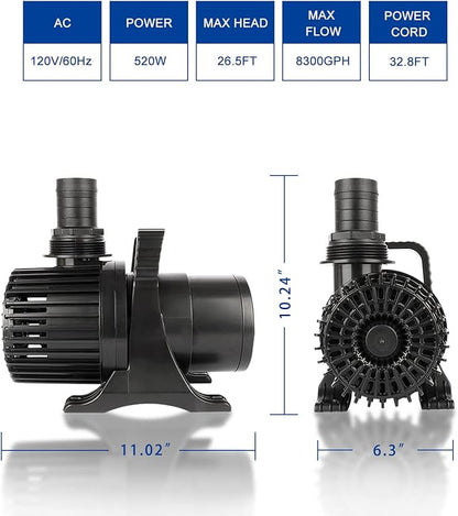 OYO WATER Outdoor Large 8300gph-520W 32.8FT Pond Water-fall & Kio Fish Fountain-s &Garden Pump Submersible IPX8: Long 32.8FT Cord Smart-er & Quieter Duck & Yard &Patio Ponds Pumps, 1 Barrier Pump Bag