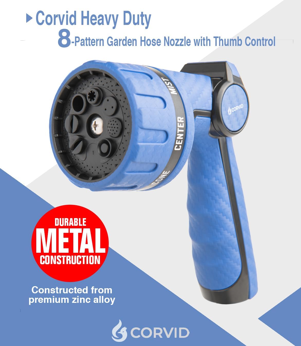 5-Pack Corvid Heavy Duty 8-Pattern Garden Hose Nozzle with Thumb Control, Adjustable High-Pressure Watering Spray Nozzle with Ergonomic Handle - Perfect for Lawn & Garden, Car Wash, Pet Cleaning