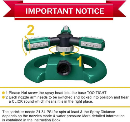 Automatic Garden Water Sprinkler, 360 Degree Rotation Irrigation System, Large Area Coverage, for Yard, Lawn, Garden - 2 Pack (Deep Green)