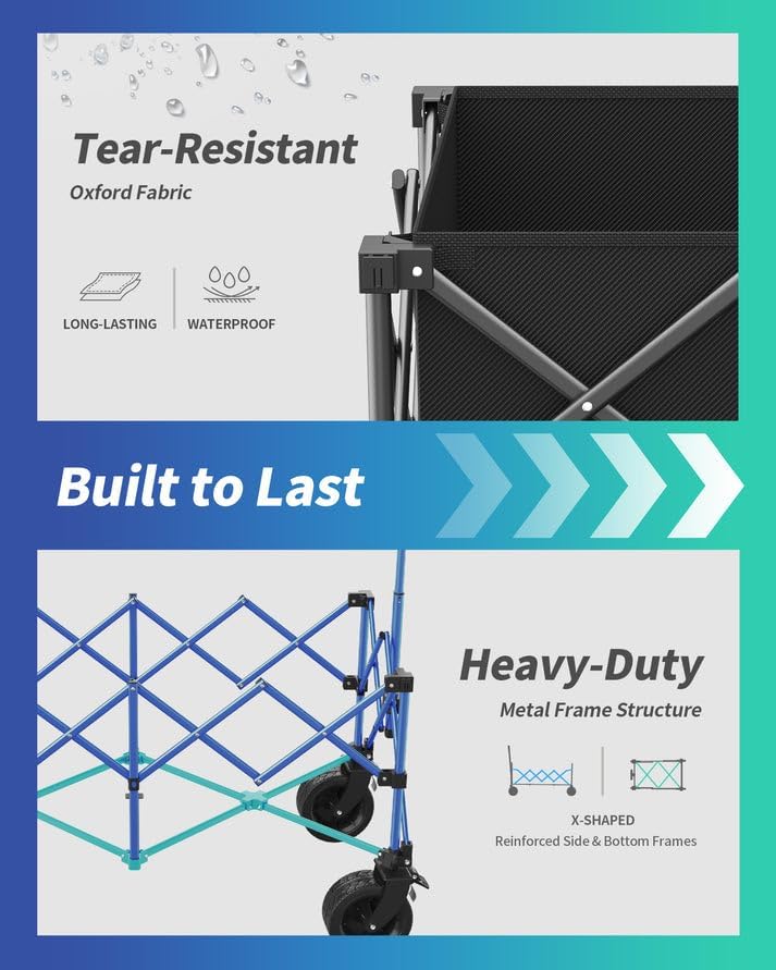 45.5" L Kitsure Collapsible Wagon - Heavy Duty Foldable Wagon with 440lbs Capacity, Adjustable Handle, Shopping Cart with Wheels for Camping, Groceries, Black, 45.5" x 24.0" x 38.0"