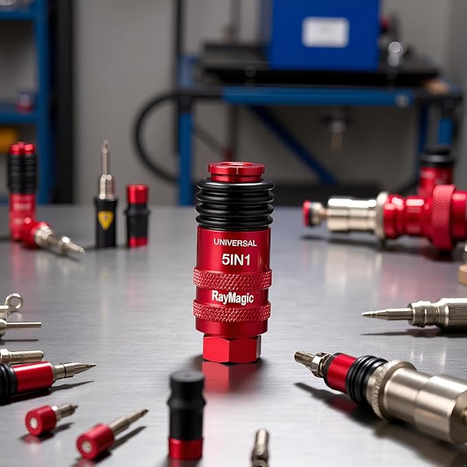 RayMagic Upgraded 5IN1 Universal Quick Industrial Connect Coupler, 1/4" Female NPT, Air Hose Fittings, 6-Balls Release Sleeve, 1/4" Body Size, Red(1-Piece)