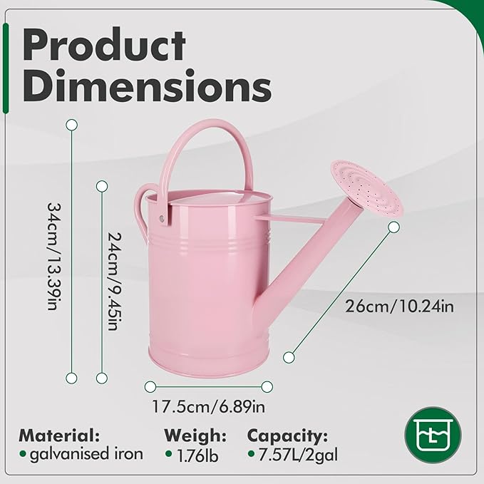 Galvanized Iron Watering Can for Indoor Plants, DIY Watering Cans for House Plant Garden Flower, Long Spout Water Can for Outdoor Watering Plants 7.57L 2 Gallon (Pink)