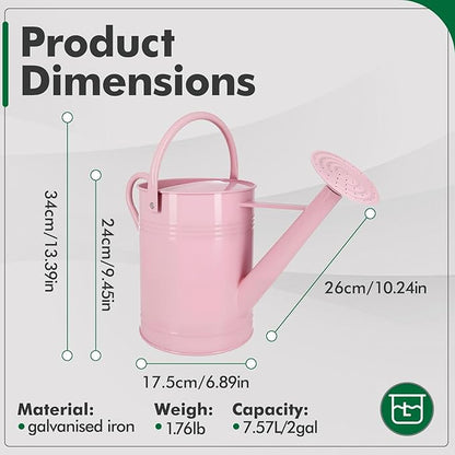 Galvanized Iron Watering Can for Indoor Plants, DIY Watering Cans for House Plant Garden Flower, Long Spout Water Can for Outdoor Watering Plants 7.57L 2 Gallon (Pink)