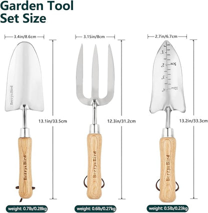 Berry&Bird Garden Tool Set- 3PCS Stainless Steel Gardening Tool Sets with Wooden Handle Trowel Weeding Fork & Digging Shovel Hand Tool Kit for Planting, Ideal Gardening Gift for Women & Men